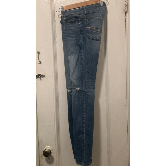 American Eagle Distressed Skinny Stretch Ripped Knees Blue Jeans Size 2 - Picture 8 of 13